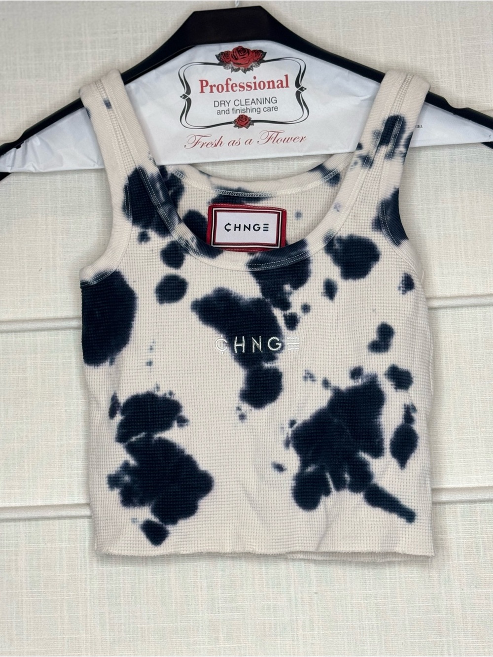 NWT CHNGE Cream and Black Tie-Dye Waffle Knit Top with Embroidered Logo